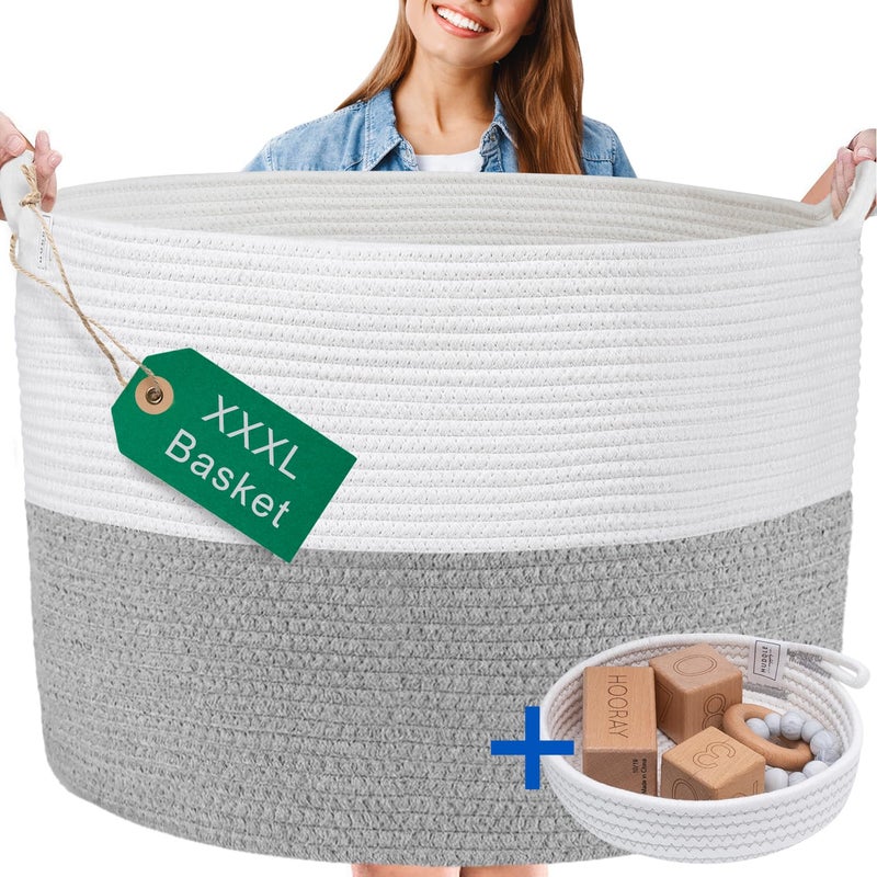 Huddle Supply Co XXXL WASHABLE Large Blanket Basket 85L 2PCs Handmade Decorative Woven Baskets for Storage - Soft Durable XXX Large Cotton Rope Blanket Storage for Living Room, Toys, Organizer 22" x 14" (Grey/White) - Image 1